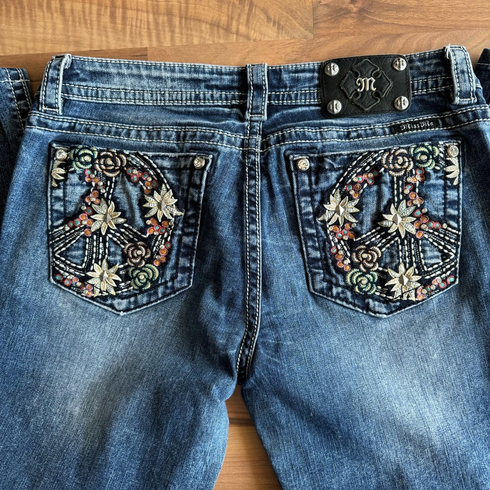 Miss Me Blue Bootcut Jeans with Floral Peace Sign Embroidery
